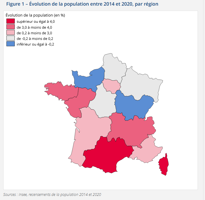 Évolution de la population française par régions, entre 2014 et 2020