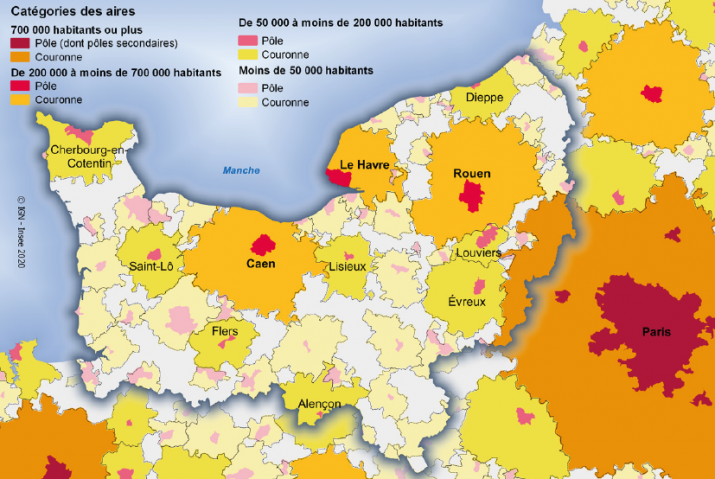 3 aires urbaines de + de 200 000 habitants en Normandie